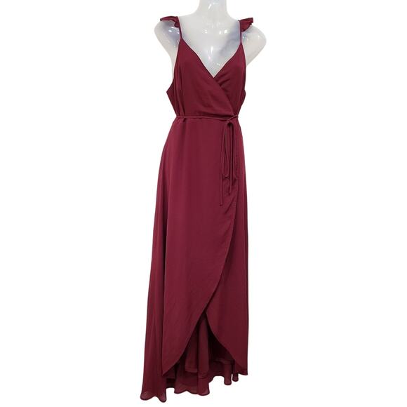 Lulus Adjustable Strap High Low Chiffon Maxi Wrap Dress Burgundy Size Medium - Picture 1 of 9